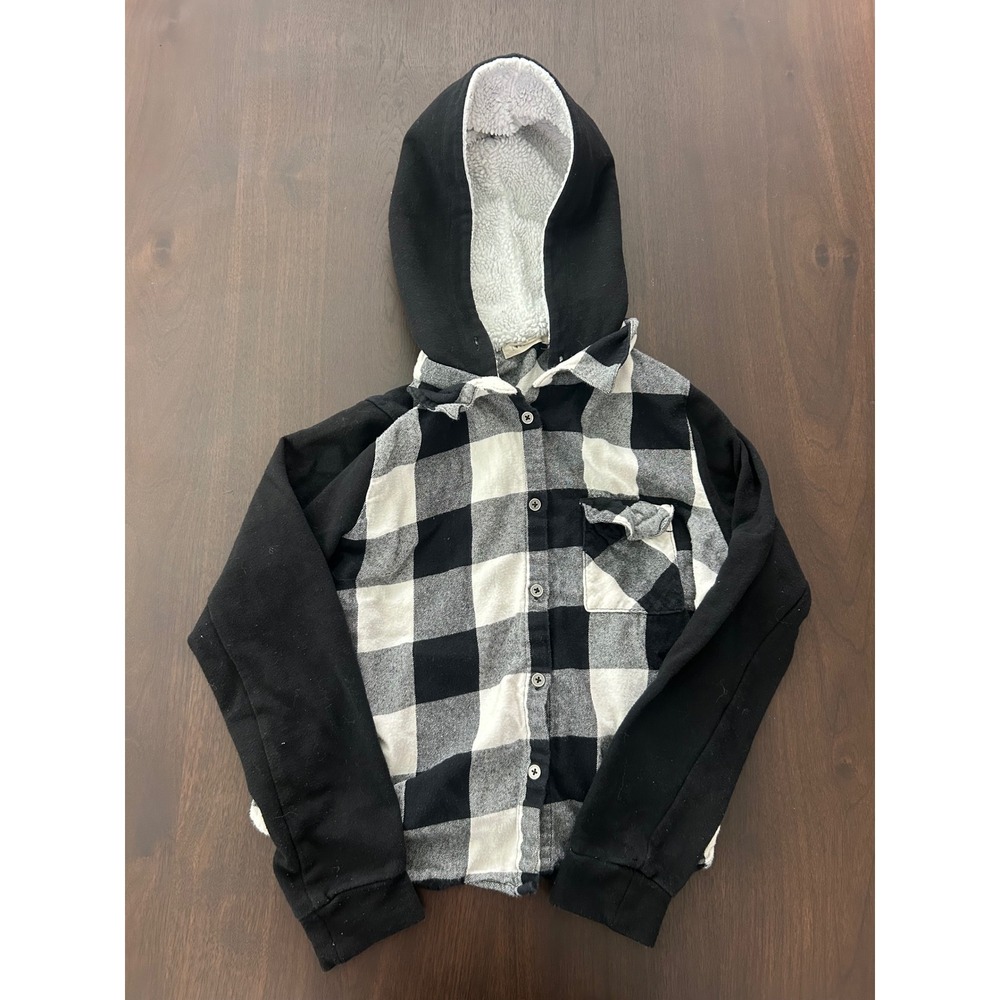Love Crazy Black White Buffalo Plaid Sherpa Lined Hooded Flannel Shirt Small
